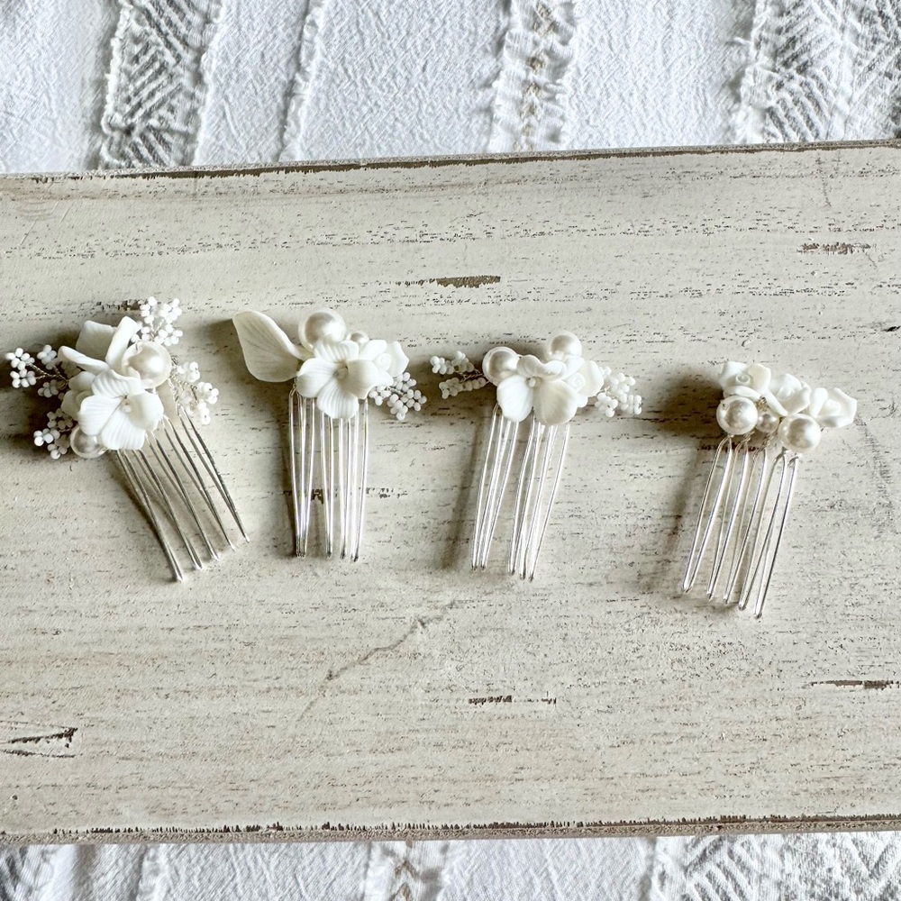 Set of 4 Bridal Hair Combs with Ceramic Floral Accents - Gold & Silver Available